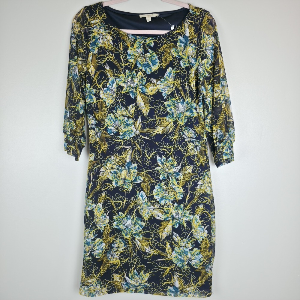 Haani Blue Floral Dress Long Sleeves Medium Petite Lined Round Neck.B75